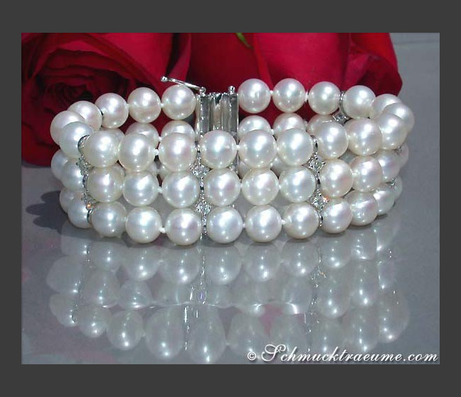 Gorgeous Three Row Freshwater Pearl Bracelet with Diamonds in White Gold Gorgeous Three Row Freshwater Pearl Bracelet with Diamonds in White Gold
