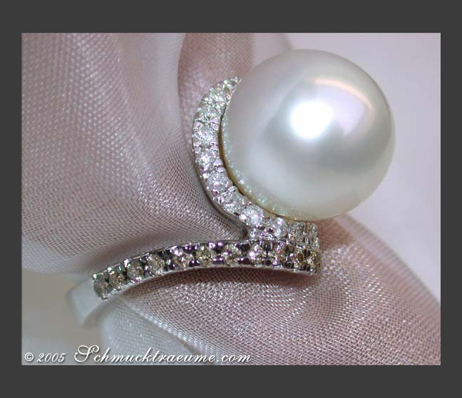 Elegant Southsea Pearl Ring with Brown & White Diamonds Elegant Southsea Pearl Ring with Brown & White Diamonds