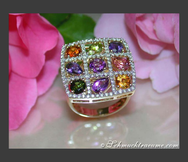 Gorgeous Multicolor Gemstone Ring with Diamonds