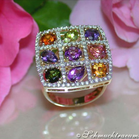 Gorgeous Multicolor Gemstone Ring with Diamonds