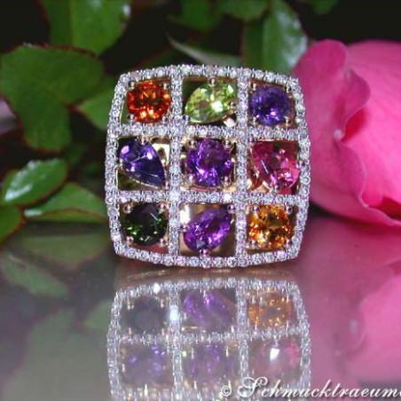 Gorgeous Multicolor Gemstone Ring with Diamonds