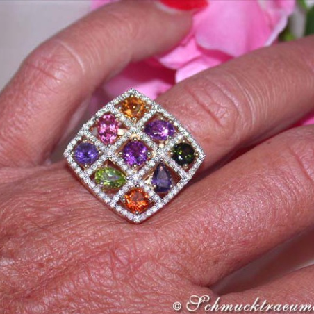 Gorgeous Multicolor Gemstone Ring with Diamonds