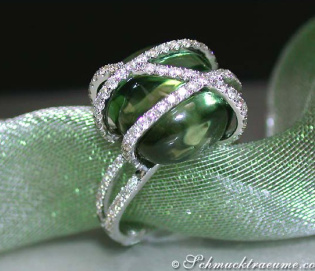 Unusual Green Amethyst Ring with Diamonds