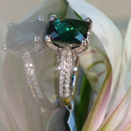 Feminine Green Tourmaline Ring with Diamonds