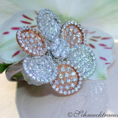 Feminine Diamond Flower Ring in Rose & White Gold