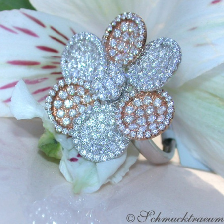 Feminine Diamond Flower Ring in Rose & White Gold