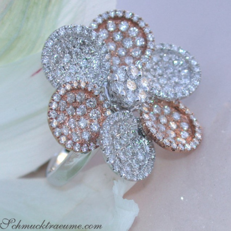 Feminine Diamond Flower Ring in Rose & White Gold