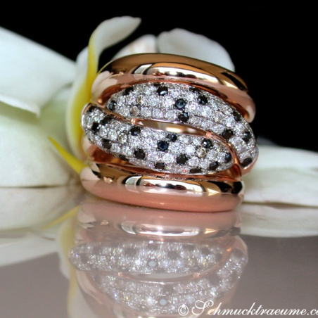 Solid ring with black diamond, natural brown & white diamonds