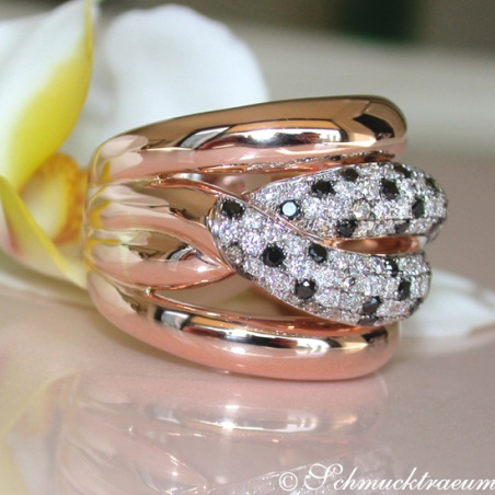 Solid ring with black diamond, natural brown & white diamonds