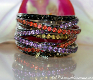 Multi Row Ring with Black Diamonds, Amethysts & Sapphires