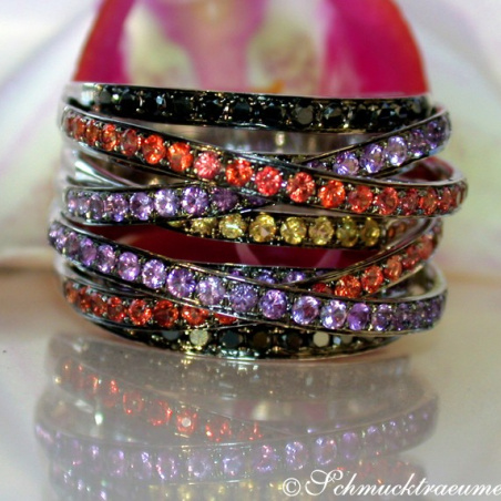Multi Row Ring with Black Diamonds, Amethysts & Sapphires