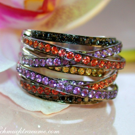 Multi Row Ring with Black Diamonds, Amethysts & Sapphires