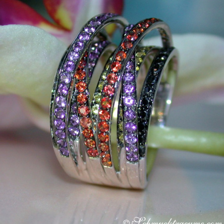 Multi Row Ring with Black Diamonds, Amethysts & Sapphires