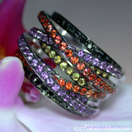 Multi Row Ring with Black Diamonds, Amethysts & Sapphires
