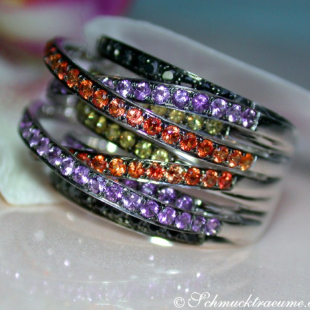 Multi Row Ring with Black Diamonds, Amethysts & Sapphires