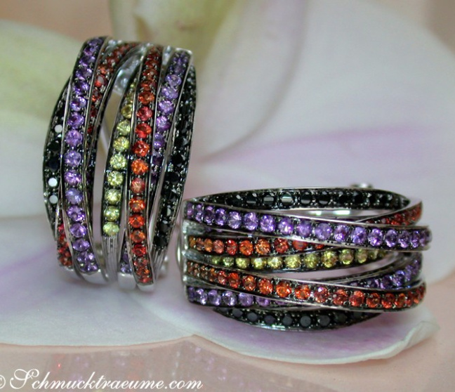 Earrings with black diamonds, amethysts and sapphires Earrings with black diamonds, amethysts and sapphires