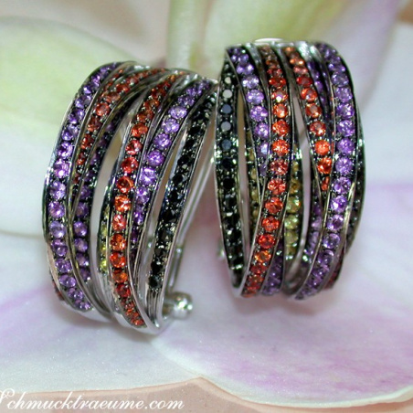 Earrings with black diamonds, amethysts and sapphires
