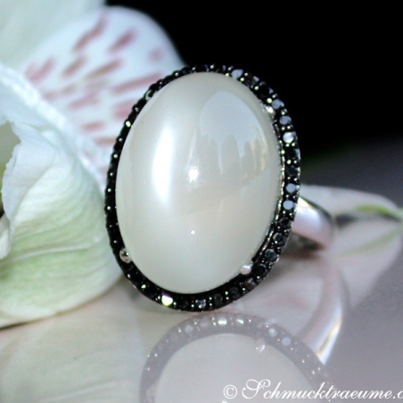 Fancy Moonstone Ring with Black Diamonds