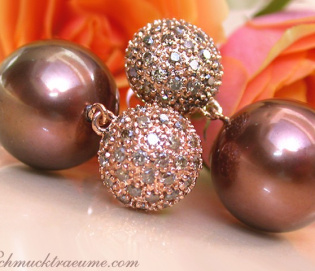 Pretty Earrings with Bronze Tahitian Pearls & Natural Brown Diamonds