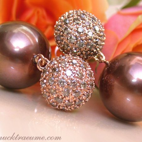 Pretty Earrings with Bronze Tahitian Pearls & Natural Brown Diamonds