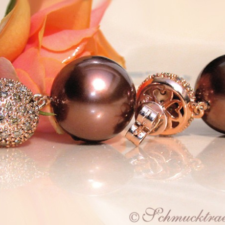 Pretty Earrings with Bronze Tahitian Pearls & Natural Brown Diamonds
