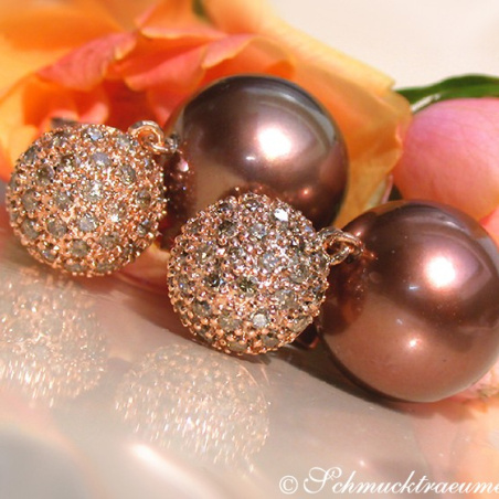 Pretty Earrings with Bronze Tahitian Pearls & Natural Brown Diamonds