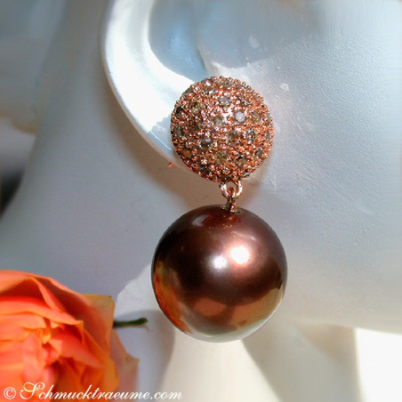 Pretty Earrings with Bronze Tahitian Pearls & Natural Brown Diamonds