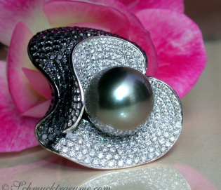 Terrific Tahitian Pearl Ring with Black & White Diamonds