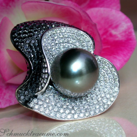Terrific Tahitian Pearl Ring with Black & White Diamonds