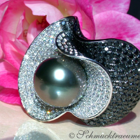 Terrific Tahitian Pearl Ring with Black & White Diamonds