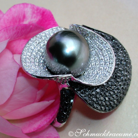 Terrific Tahitian Pearl Ring with Black & White Diamonds