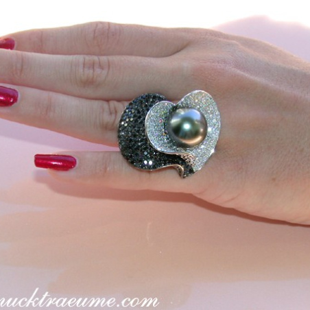 Terrific Tahitian Pearl Ring with Black & White Diamonds