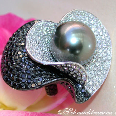 Terrific Tahitian Pearl Ring with Black & White Diamonds