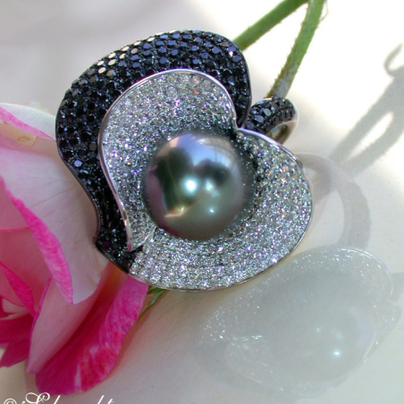 Terrific Tahitian Pearl Ring with Black & White Diamonds