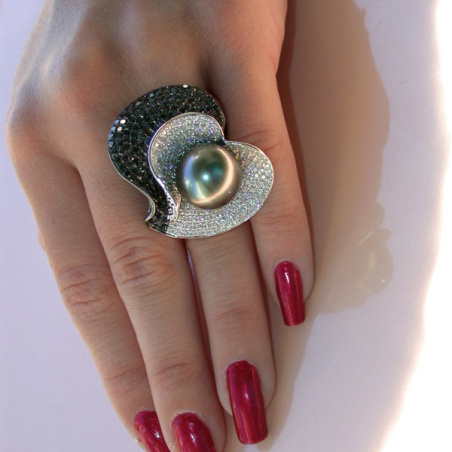 Terrific Tahitian Pearl Ring with Black & White Diamonds