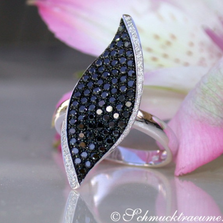 Black & White Diamond Ring in a Leaf Design