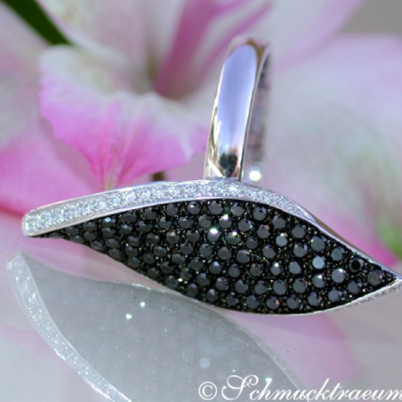 Black & White Diamond Ring in a Leaf Design
