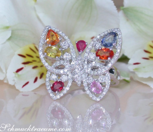Beautiful Butterfly Ring with Multicolor Sapphires & Diamonds