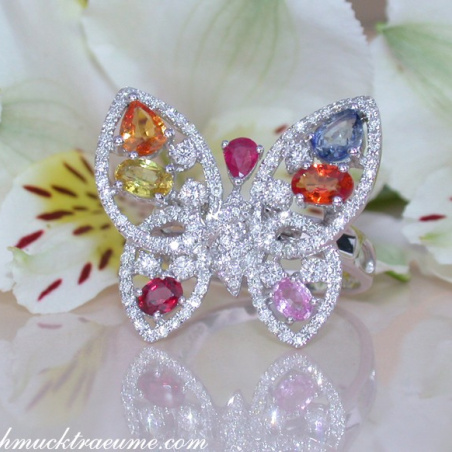 Beautiful Butterfly Ring with Multicolor Sapphires & Diamonds