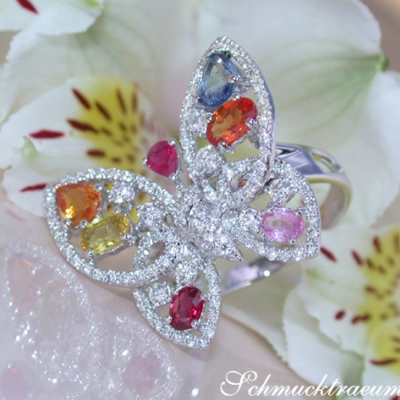 Beautiful Butterfly Ring with Multicolor Sapphires & Diamonds
