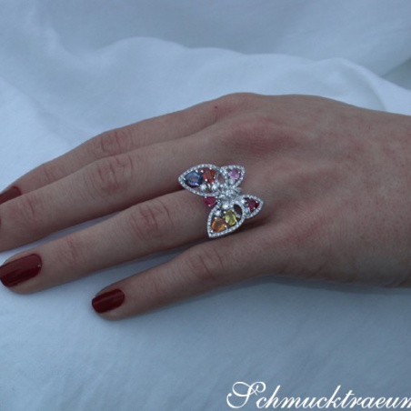 Beautiful Butterfly Ring with Multicolor Sapphires & Diamonds