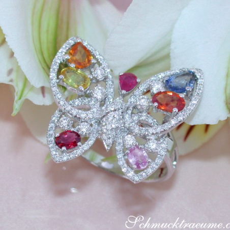 Beautiful Butterfly Ring with Multicolor Sapphires & Diamonds