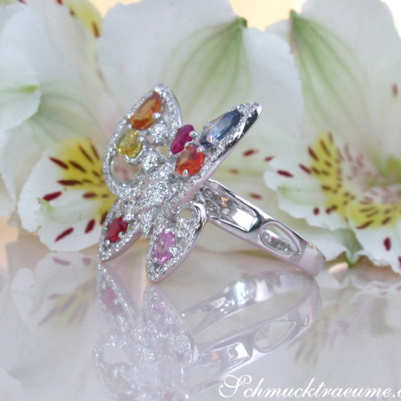 Beautiful Butterfly Ring with Multicolor Sapphires & Diamonds