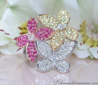 Pretty Diamond Butterfly Ring with Rubies & Sapphires