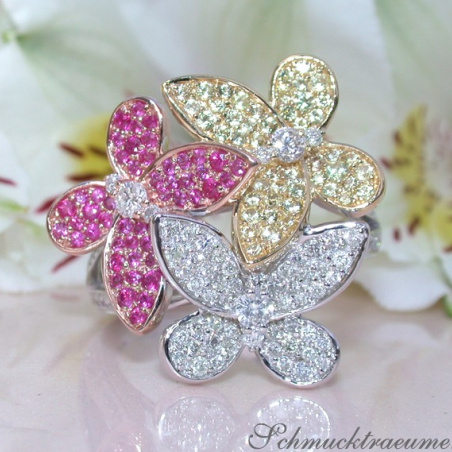 Diamanten Schmetterling Ring mit Rubinen & Saphiren