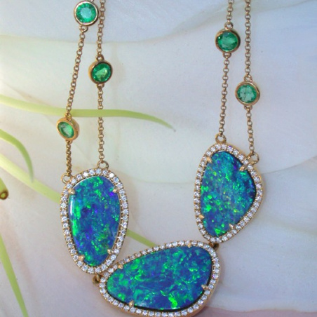 Precious Boulder Opal Necklace with Emeralds and Diamonds