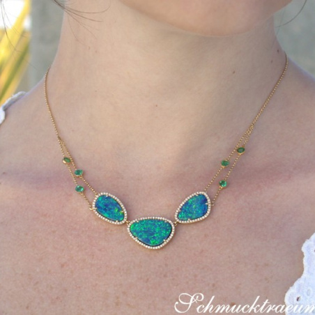Precious Boulder Opal Necklace with Emeralds and Diamonds