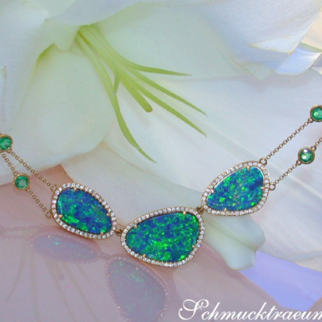 Precious Boulder Opal Necklace with Emeralds and Diamonds