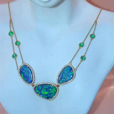 Precious Boulder Opal Necklace with Emeralds and Diamonds