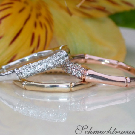 Three Bamboo Style Stackable Rings with Diamonds